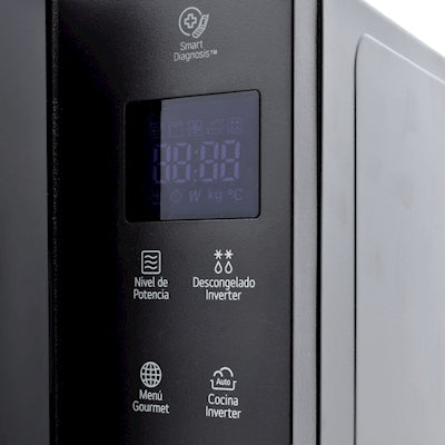 Panel digital touch control en horno microondas negro LG con funciones inverter y grill.