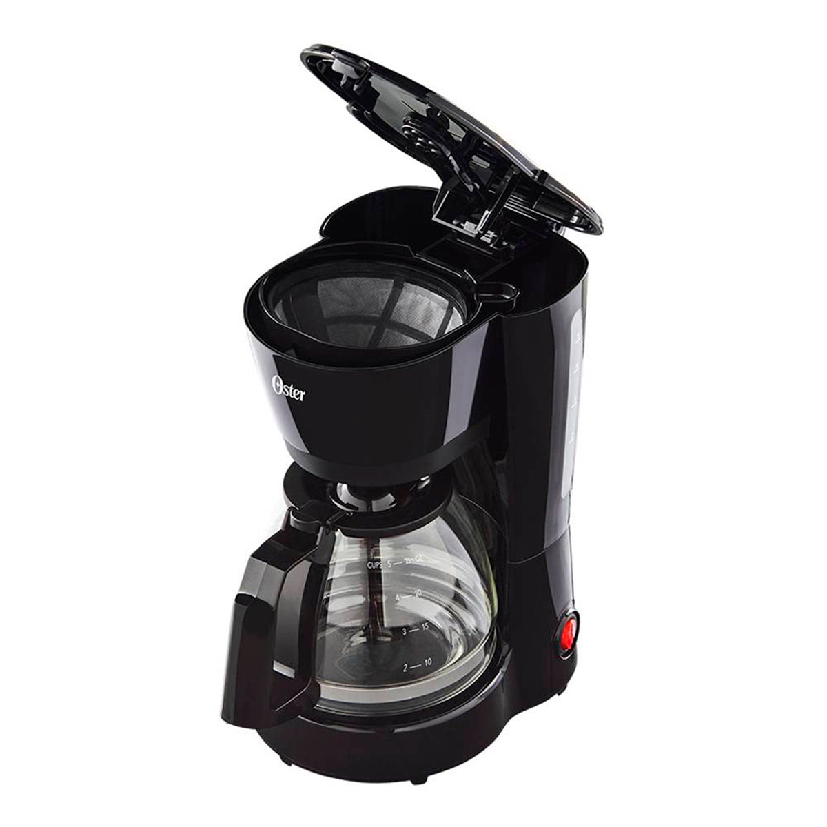 Cafetera Oster negra 5 tazas con jarra de vidrio y filtro permanente transparente.
