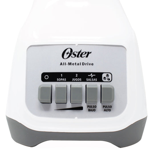 Base blanca de licuadora Oster con botones gris claro para sopas, jugos y salsas, dos velocidades.