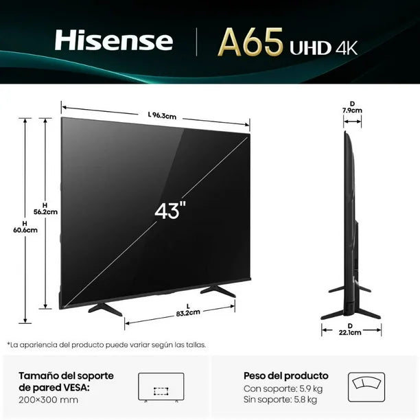 Televisor Hisense 43 pulgadas UHD 4K modelo A65 con soporte metálico y diseño delgado negro.