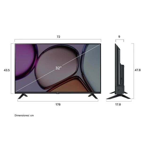 Pantalla LG Smart TV 32" HD con marco negro y soporte de dos patas en V.