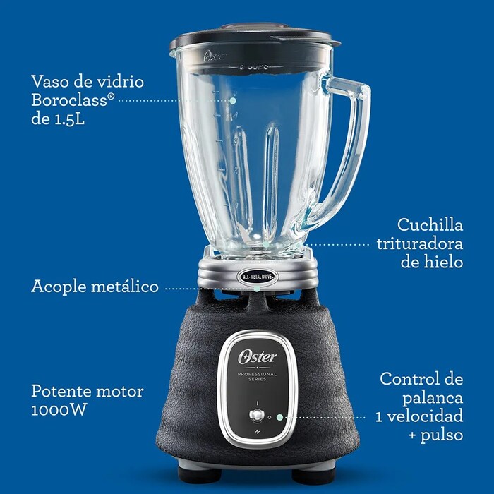 Licuadora Oster negra con vaso de vidrio Boroclass 1.5L, control palanca y motor 1000W.
