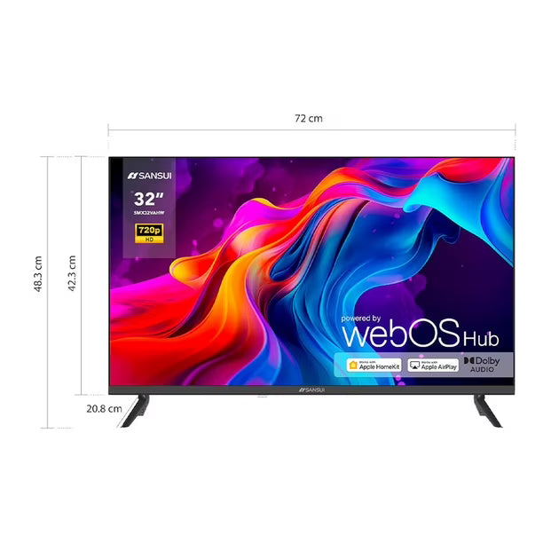 Pantalla Smart TV Sansui 32" con soporte negro, sistema WebOS, colores vivos en pantalla.