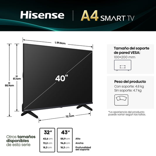 Pantalla Hisense 40" Full HD 4K con diseño ultradelgado y soporte de mesa negro.