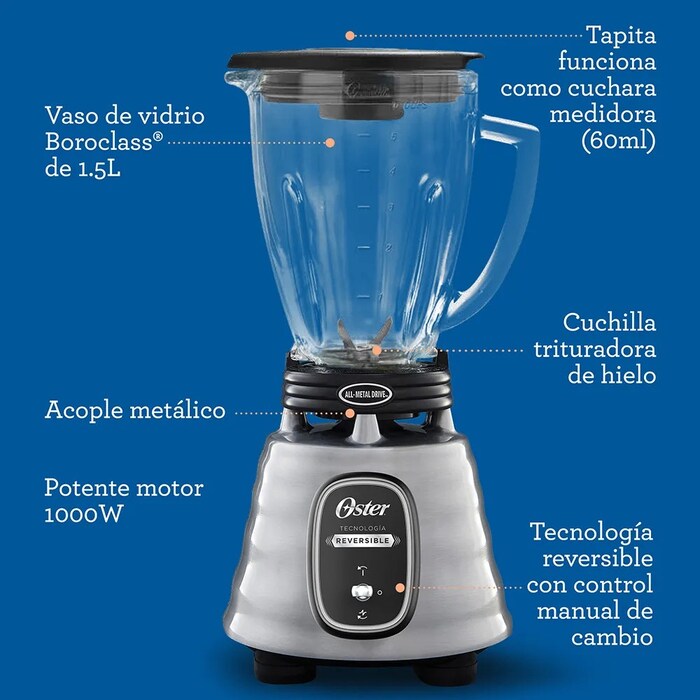 Licuadora Oster acero inoxidable con vaso de vidrio Boroclass 1.5L y cuchilla trituradora de hielo.
