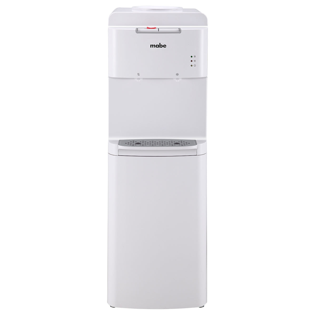 Dispensador de agua Mabe blanco con dos llaves para agua fría y caliente y bandeja antigoteo.
