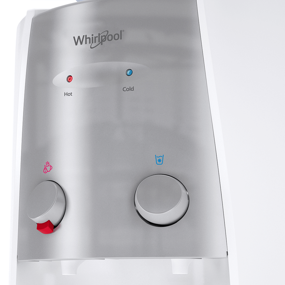 Dispensador de agua Whirlpool blanco con dos llaves para agua fría y caliente, diseño compacto.