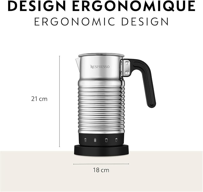 Espumador de leche Nespresso Aeroccino 4 acero inoxidable con base negra y diseño ergonómico.