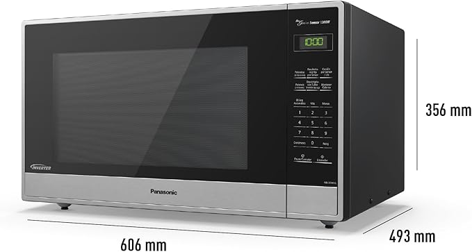 Horno microondas Panasonic Inverter acero inoxidable con panel digital y botones táctiles negros.
