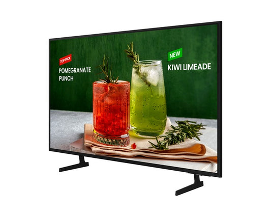 Pantalla Samsung Smart TV LED 4K 50 pulgadas con soporte negro y imagen de bebidas coloreadas.