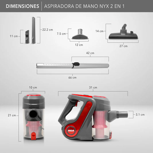 Aspiradora de mano portátil RCA en colores gris y rojo con depósito translúcido rosa de 600ml y accesorios desmontables.