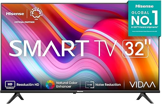 Pantalla Hisense 32" HD Smart TV 32A4 con diseño delgado, marco negro y soporte en V.
