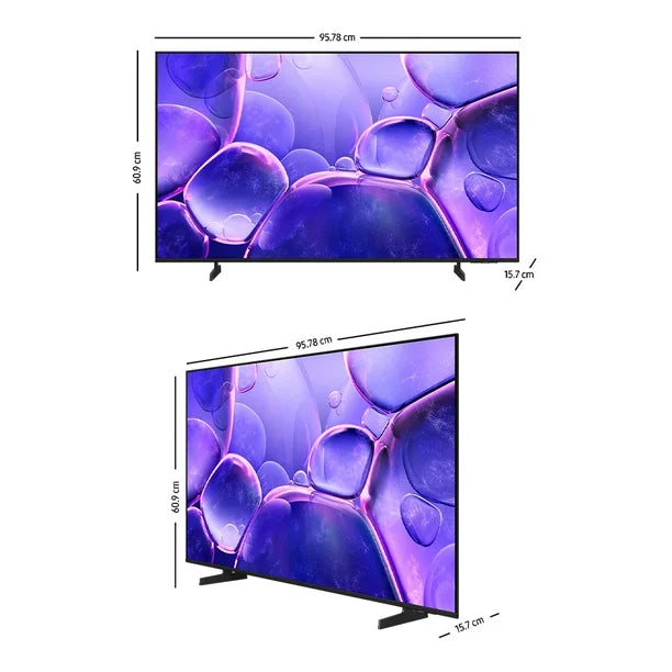 Pantalla Samsung UHD 4K Crystal Smart TV 43 pulgadas con base negra y marco delgado.