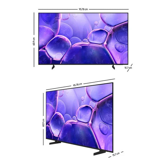 Pantalla Samsung UHD 4K Crystal Smart TV 43 pulgadas con base negra y marco delgado.