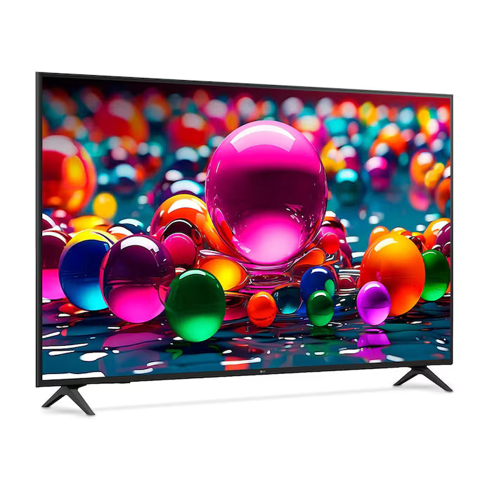 Televisor LG 55 pulgadas Smart TV 4K UHD con diseño de pantalla delgada y peanas negras en ángulo.