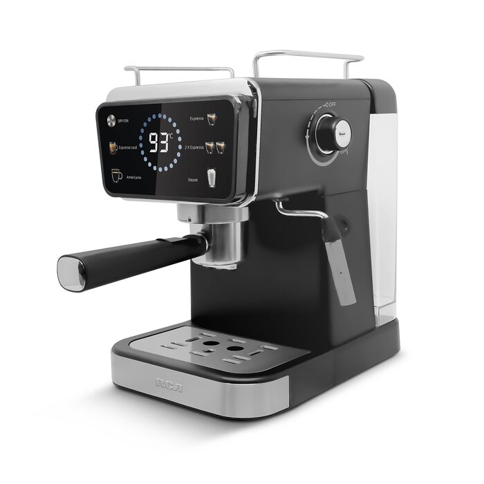 Cafetera profesional negra con panel digital y espumador de leche lateral cromado.