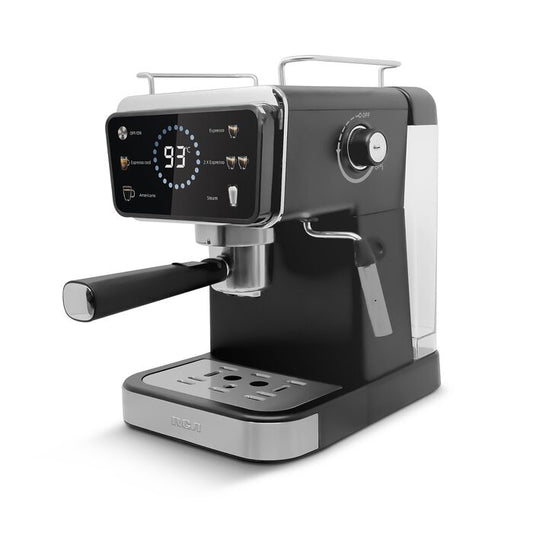 Cafetera profesional negra con panel digital y espumador de leche lateral cromado.
