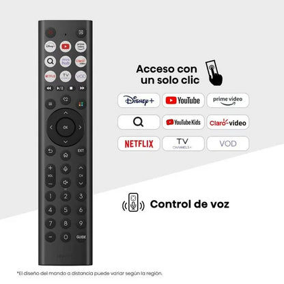 Control remoto negro para TV Hisense con botones de acceso rápido a apps y control de voz.