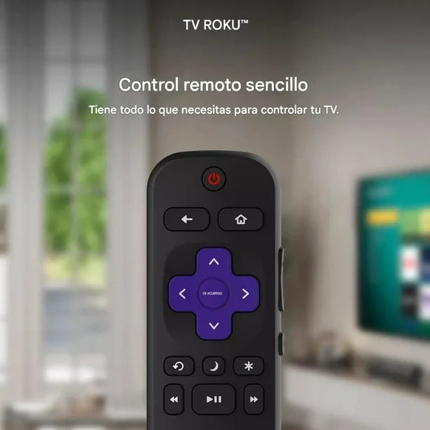 Control remoto negro con botón rojo de encendido y botones morados en forma de cruz para TV Roku Hisense 32" Smart LED HD.