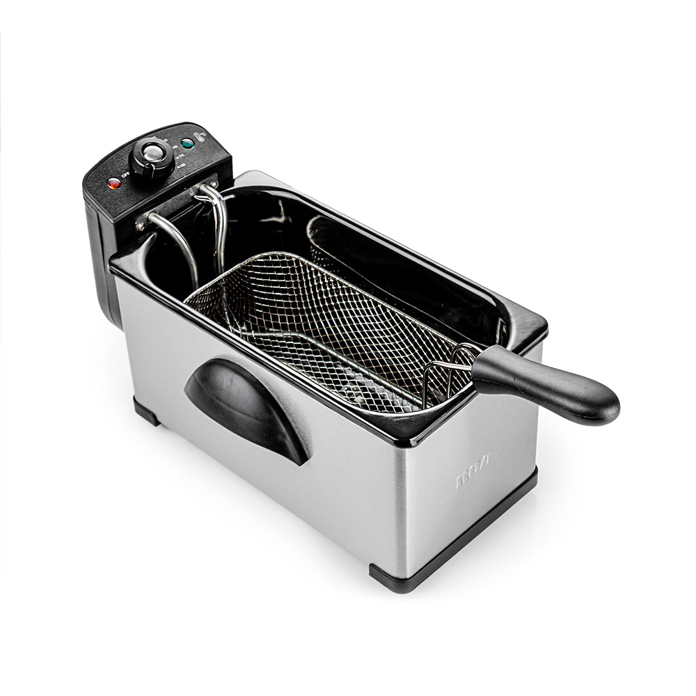 Freidora eléctrica RCA acero inoxidable de 3 litros con cesta y control temperatura negro.