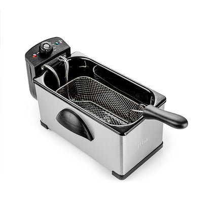 Freidora eléctrica RCA acero inoxidable de 3 litros con cesta y control temperatura negro.
