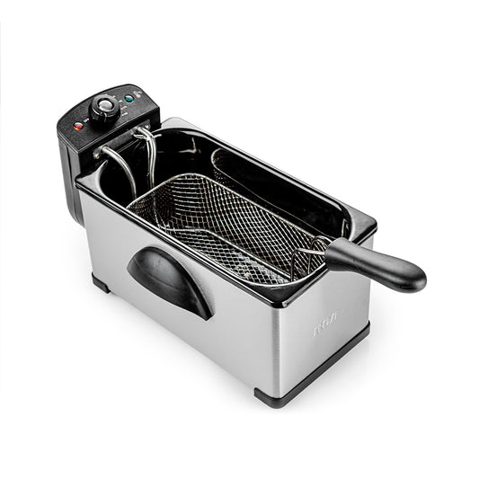 Freidora eléctrica RCA acero inoxidable de 3 litros con cesta y control temperatura negro.