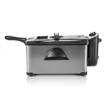 Freidora RCA de acero inoxidable 3 litros con tapa y control lateral negro.