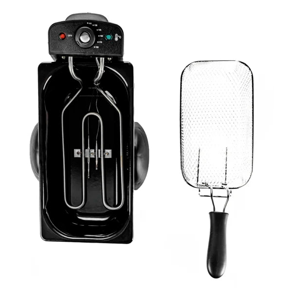 Freidora de acero inoxidable RCA negra con capacidad 3 litros y cesta metálica con mango negro.
