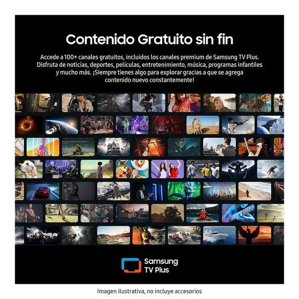 Pantalla Samsung 43" UHD 4K Crystal Smart TV con múltiples miniaturas de contenido variado y barra de texto promocionando.