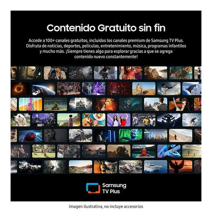 Pantalla Samsung 43" UHD 4K Crystal Smart TV con múltiples miniaturas de contenido variado y barra de texto promocionando.