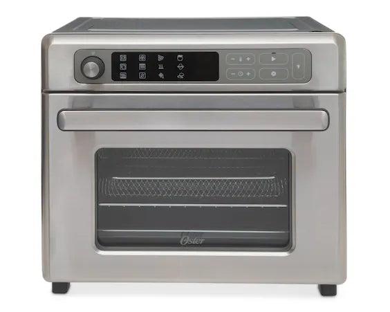 Horno eléctrico digital Oster acero inoxidable 22 litros con panel táctil y freidora de aire integrada.