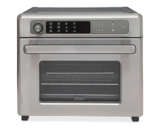 Horno eléctrico digital Oster acero inoxidable 22 litros con panel táctil y freidora de aire integrada.