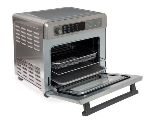 Horno eléctrico digital Oster gris con puerta de vidrio y rejilla para freír aire, capacidad 22 litros.