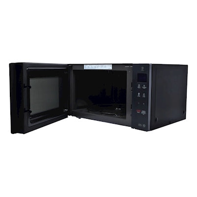 Horno microondas LG negro con puerta abierta y panel digital con botones táctiles.