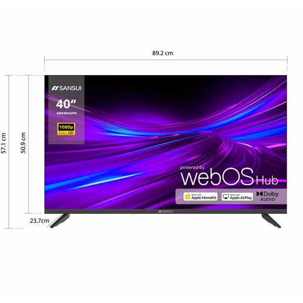 Pantalla Sansui Smart TV 40" Full HD con sistema webOS en diseño negro elegante.