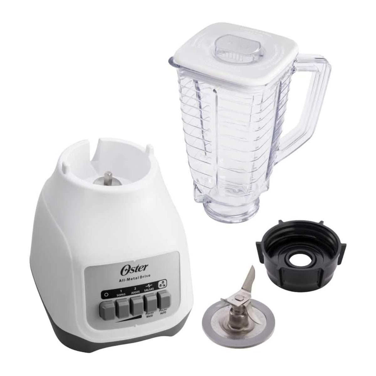Licuadora Oster Kaliman blanca 400W con base, vaso plástico transparente y cuchilla desmontable.