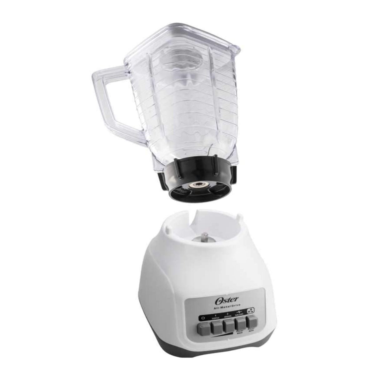 Licuadora Oster blanca con base cuadrada, vaso plástico transparente y tres botones frontales.