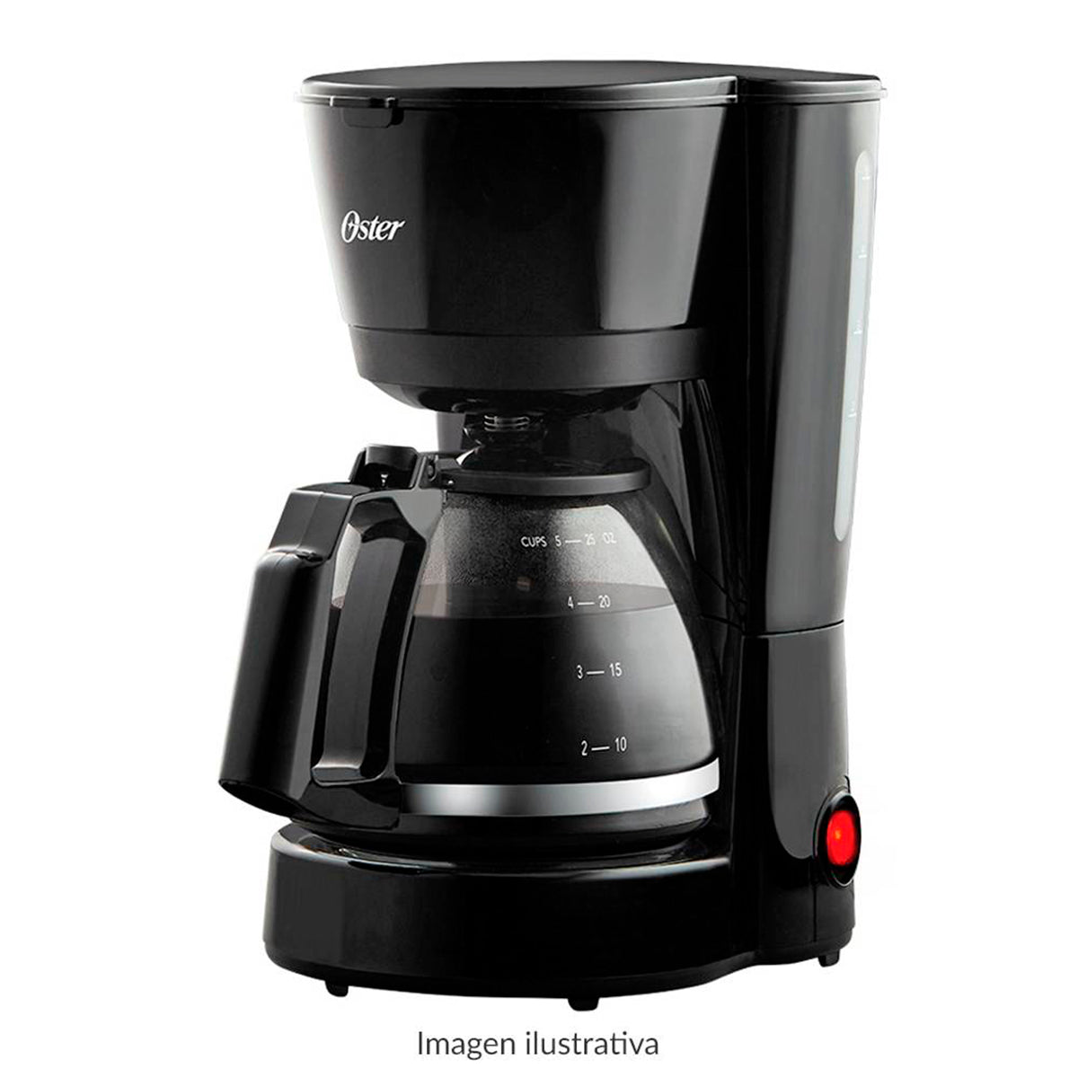 Cafetera Oster negra compacta para 5 tazas con jarra de vidrio y filtro integrado.