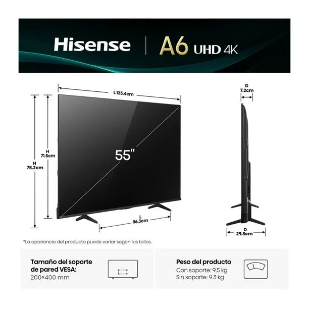 Pantalla Hisense 55" 4K UHD VIDAA TV modelo 55A65NV con diseño delgado y soporte negro.