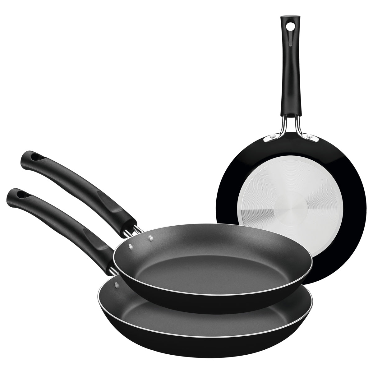 Juego de sartenes Tramontina negros antiadherentes con base de acero inoxidable y mango ergonómico.