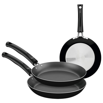 Juego de sartenes Tramontina negros antiadherentes con base de acero inoxidable y mango ergonómico.