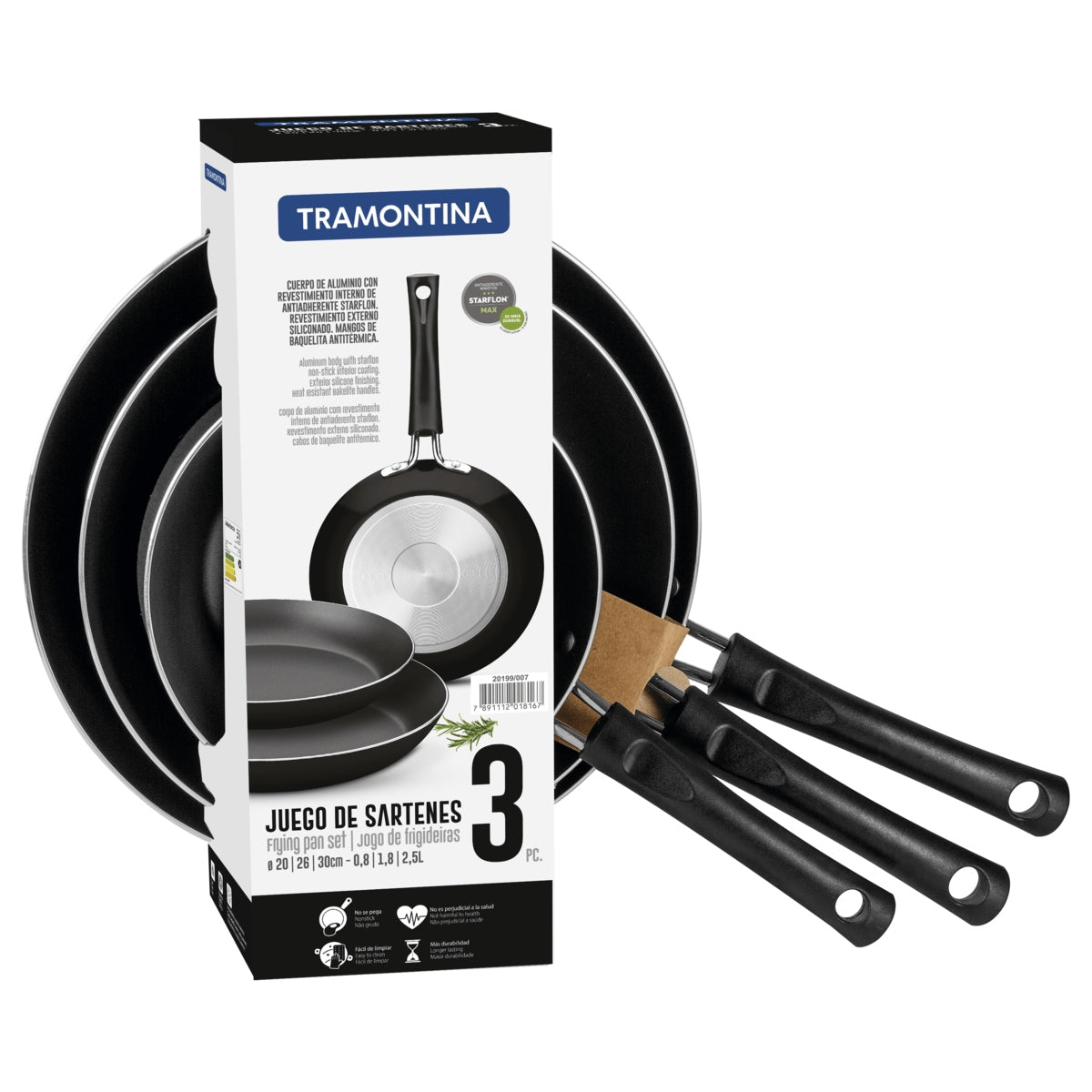Juego de sartenes Tramontina antiadherentes negro con mango ergonómico, 3 piezas.