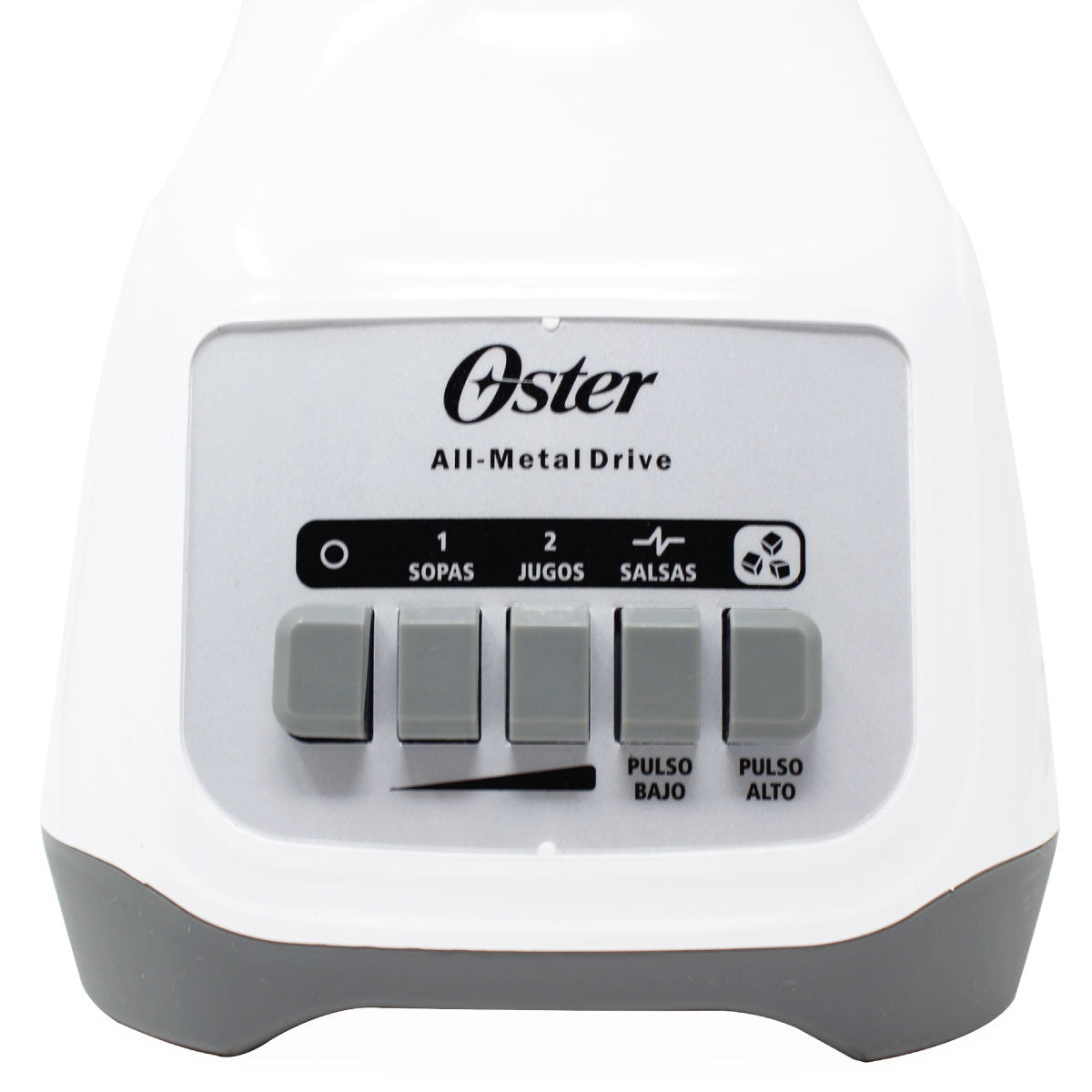 Base blanca de licuadora Oster con botones gris claro para sopas, jugos y salsas, dos velocidades.