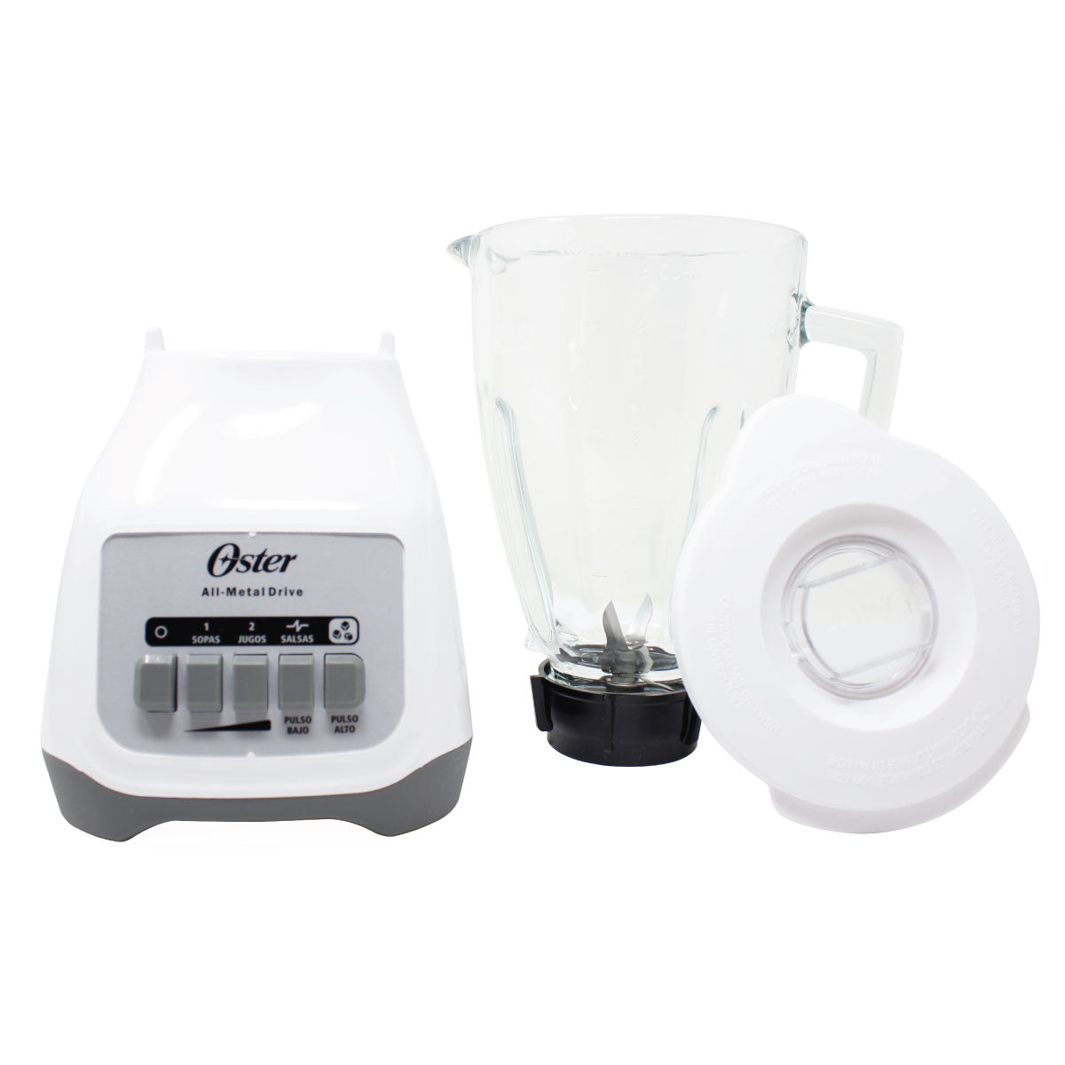 Licuadora Oster Kaliman blanca con base 2 velocidades y jarra de vidrio desmontable 1.5L.