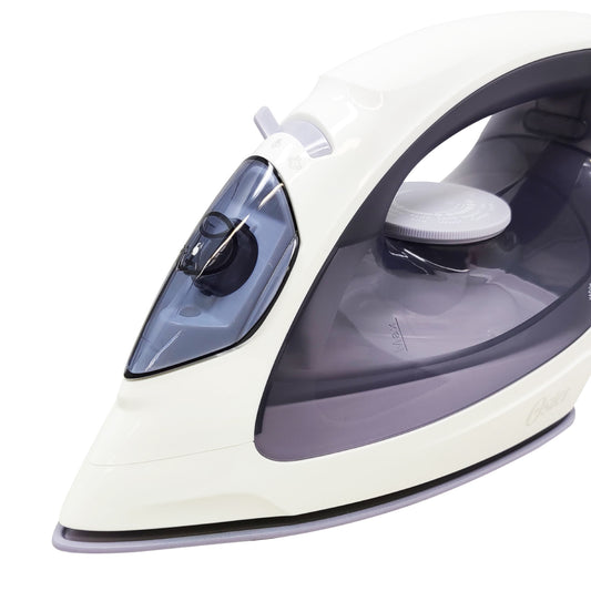 Plancha de vapor Oster lavanda con base antiadherente y control de temperatura ajustable.