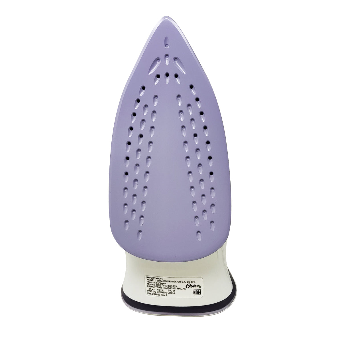 Plancha de vapor Oster lavanda con suela antiadherente y orificios para vapor diseño punta fina.