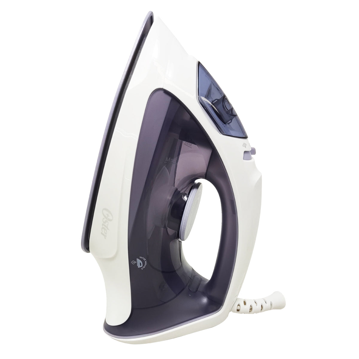 Plancha de vapor Oster lavanda y blanca con diseño ergonómico y suela antiadherente.