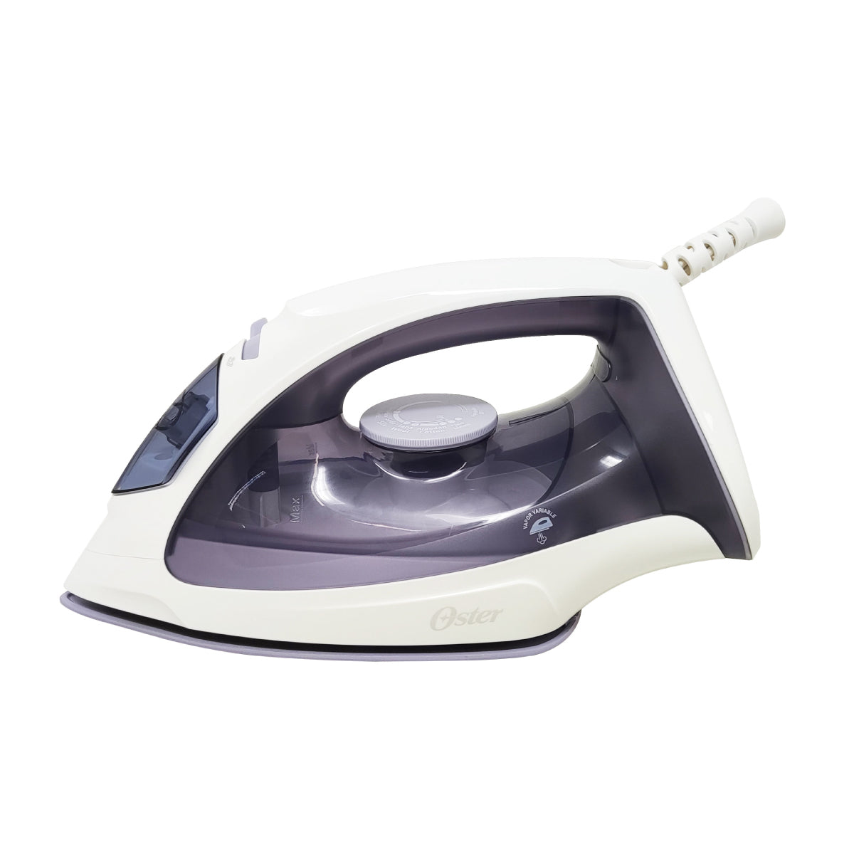Plancha de vapor Oster lavanda y blanca con base antiadherente y tanque de agua transparente.