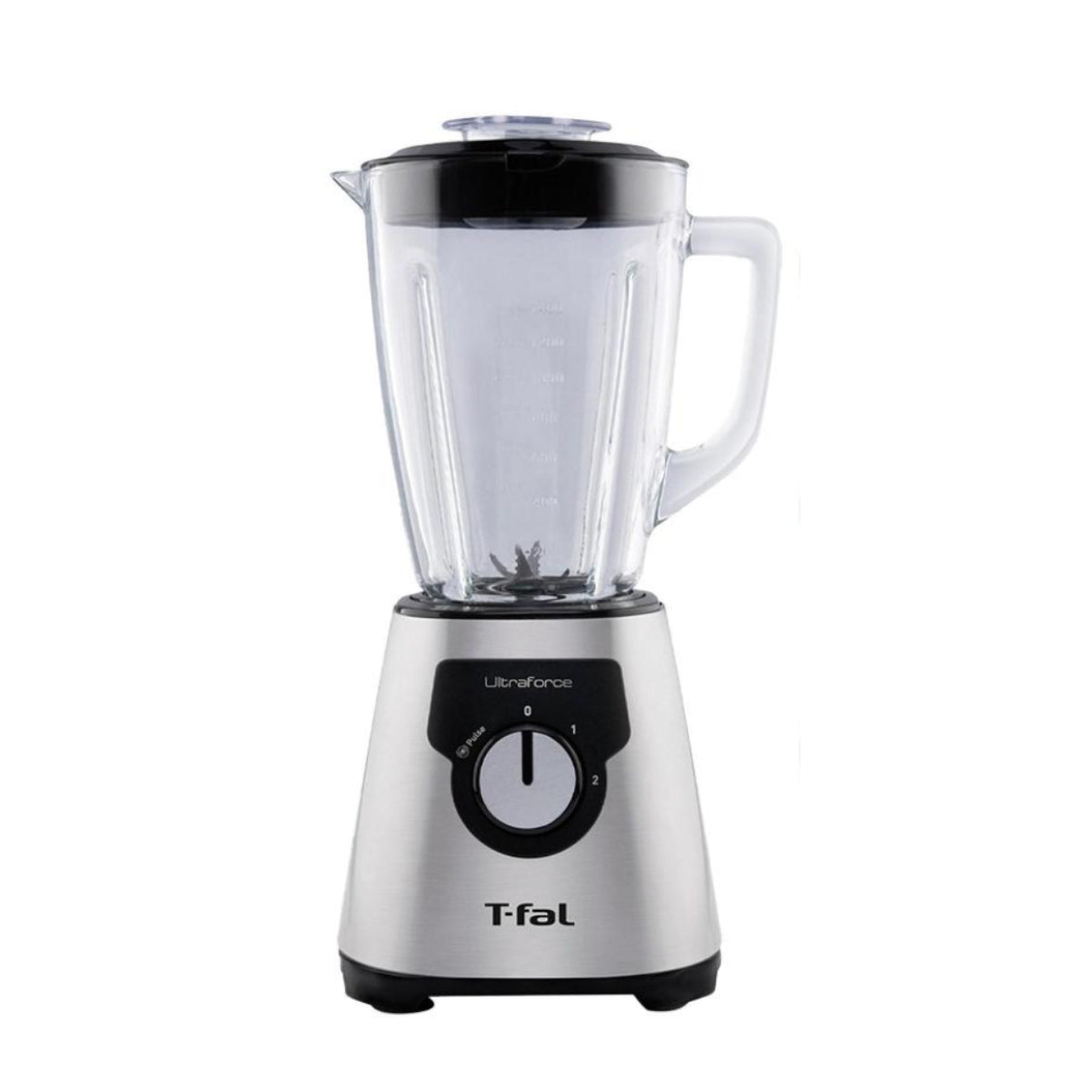 Licuadora T-Fal UltraForce con cuerpo acero inoxidable, vaso de vidrio transparente 2.2L y control de dos velocidades.