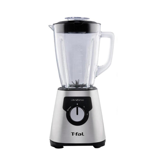 Licuadora T-Fal UltraForce con cuerpo acero inoxidable, vaso de vidrio transparente 2.2L y control de dos velocidades.